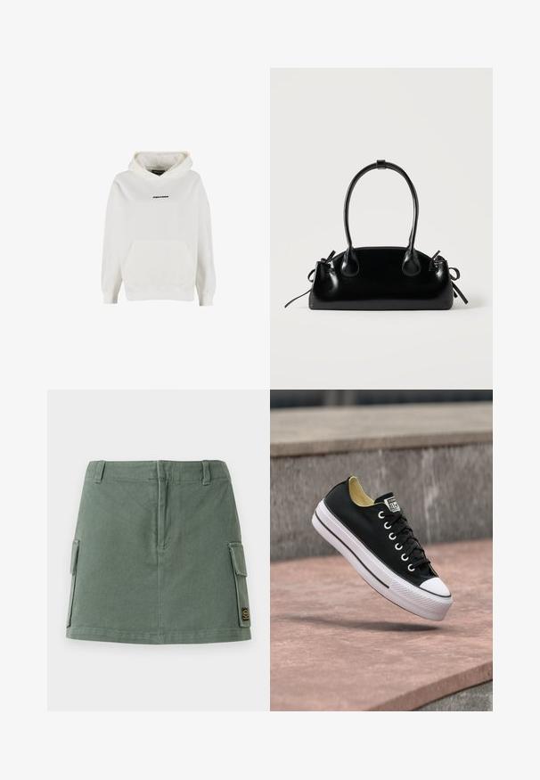 Sudadera blanca con capucha, bolsillo frontal tipo canguro y pequeño logo negro "PEGADOR" centrado en el pecho.; Falda de mezclilla verde con una cinturilla ajustada, dos bolsillos laterales y un parche en la parte inferior derecha. Textura suave con un sutil brillo.; Zapatilla negra de corte bajo con suela y puntera de goma blanca, situada sobre una superficie de hormigón rosa cerca de un banco de piedra gris.; Pequeño bolso negro brillante con dos asas largas y detalles de cordón lateral sobre un fondo claro liso.