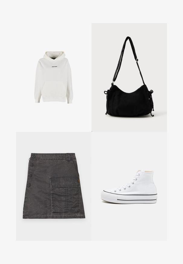 Witte hoodie met voorvak en klein zwart "PEGADOR" logo midden op de borst.; Grijze rok van gestructureerde stof met een voorste knoopsluiting en een zijzak. Heeft een subtiele versleten uitstraling en gestikte details.; Witte hoge sneakers van canvasmateriaal, zwarte rubberen zool en contrasterende zwarte streep op de tussenzool. Circulaire neus en vetersluiting.; Zwarte corduroy schoudertas met een gebogen vorm, een verstelbare schouderband en trekkoordsluitingen aan beide zijkanten voor maataanpassing.