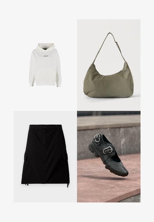 Sudadera blanca con capucha, bolsillo frontal tipo canguro y pequeño logo negro "PEGADOR" centrado en el pecho.; Falda cargo negra hecha de una mezcla de algodón con corte recto, que cuenta con bolsillos laterales, cierre frontal con botones y dobladillo ajustable con cordón.; Zapato negro de punta partida con dos hebillas plateadas, suela gruesa y detalles perforados, flotando sobre una superficie de piedra.; Bolso de hombro de tela suave color verde oliva con cierre de cremallera y correa ajustable sobre un fondo liso y claro.