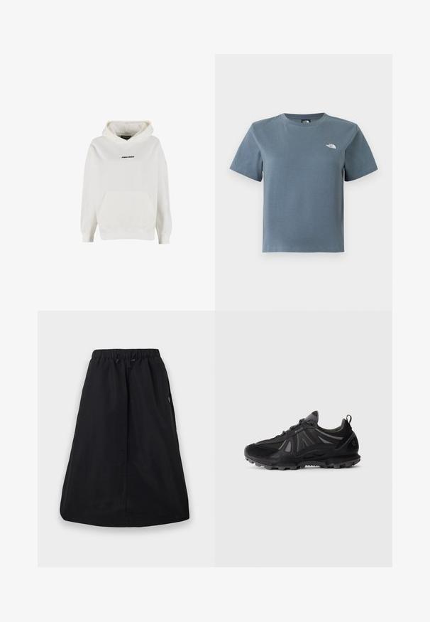 Witte hoodie met voorvak en klein zwart "PEGADOR" logo midden op de borst.; Grijsblauw T-shirt met korte mouwen en ronde hals, met een klein wit The North Face-logo op de linkerborst, afgebeeld tegen een witte achtergrond.; Zwarte A-lijn rok met elastische tailleband en verstelbare trekkoord, knielengte, effen ontwerp met zijzakken.; Zwarte trailrunning-schoen met een robuuste zool, bovenwerk van mesh en synthetisch materiaal, vetersluiting en een trekband op een witte achtergrond.