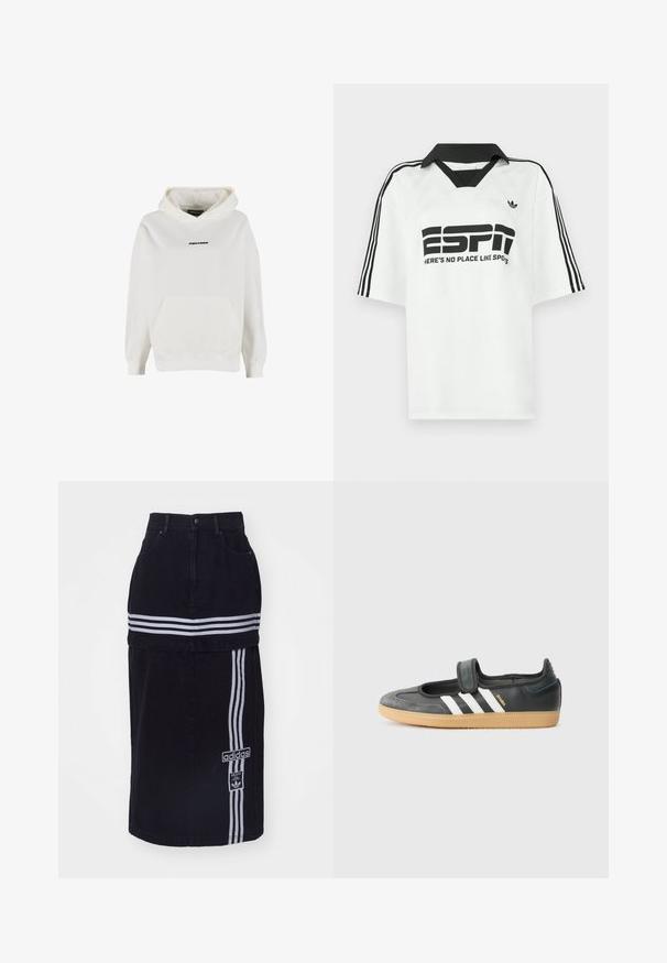 Witte hoodie met voorvak en klein zwart "PEGADOR" logo midden op de borst.; Witte korte mouwen blouse met een zwarte kraag, drie zwarte strepen op de mouwen en een gedurfde zwarte tekst met de woorden "ESPN" en "HIER IS NO PLACE LIKE SPOTS."; Zwarte spijkerrok met een hoge taille, voorzien van twee witte horizontale strepen, een Adidas logo tag aan de zijkant en een recht gesneden ontwerp.; Zwarte leren en suède sneaker met een klittenbandsluiting, voorzien van drie witte strepen en een gumzool, met de naam "SAMBA" aan de zijkant.