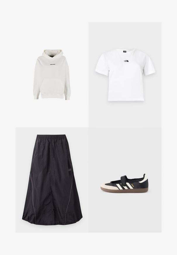 Hvid hættetrøje med frontlomme og lille sort "PEGADOR" logo centreret på brystet.; Hvid bomulds t-shirt med korte ærmer, rund hals og et sort The North Face-logo på brystet. Enkel, udekoreret design.; Sort let nylon atletisk nederdel med elastisk talje og diskret reflekterende piping langs siderne, New Balance-logo på højre side.; Sort og beige sko med velcrolukning, tre hvide striber på siden og en tekstureret brun gummisål. Mærkelogo er synligt.