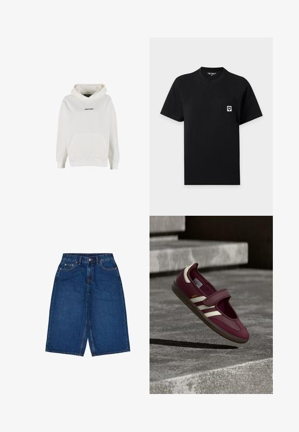 Witte hoodie met voorvak en klein zwart "PEGADOR" logo midden op de borst.; Zwart Carhartt T-shirt met korte mouwen en een borstzak met een klein wit logopatchje aan de rechterbovenkant van de zak.; Donkerblauwe denim shorts met een losse pasvorm, gestikte details, vijf zakken en een knoopsluiting bij de tailleband.; Donkerrode sportschoen met een klittenbandsluiting, witte zijstrepen, een gestructureerde rubberen zool en een glad bovenmateriaal. Verstelbare pasvorm met een gevoerde binnenkant.