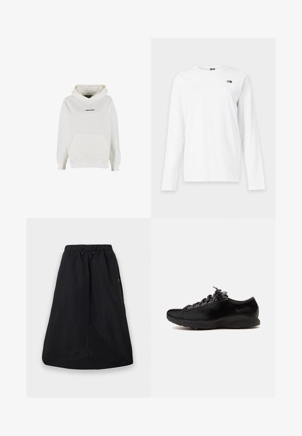 Sudadera blanca con capucha, bolsillo frontal tipo canguro y pequeño logo negro "PEGADOR" centrado en el pecho.; Camiseta blanca de manga larga con cuello redondo y pequeño logo negro de The North Face en el lado izquierdo del pecho.; Falda negra de línea A con cintura elástica y cordón ajustable, largo hasta la rodilla, diseño sencillo con bolsillos laterales.; Zapatilla deportiva negra de corte bajo con parte superior texturizada, cordones negros y suela gruesa con discreto logo Nike en el lateral.