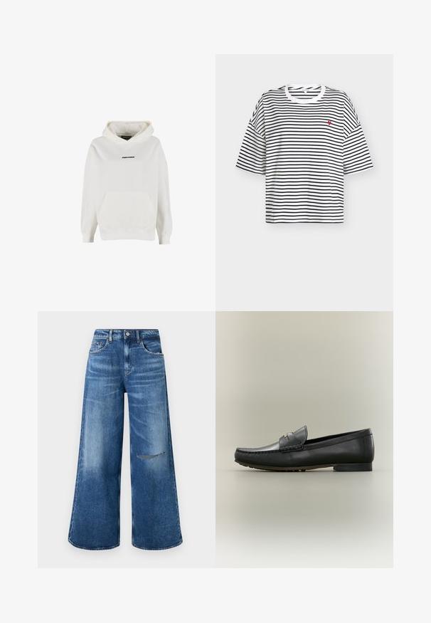 Witte hoodie met voorvak en klein zwart "PEGADOR" logo midden op de borst.; Wit en zwart gestreept T-shirt met korte mouwen, een ronde hals en een klein rood hartlogo aan de linkerzijde. Zachte katoenen stof.; Wijdvallende blauwe spijkerbroek met een vervaagde was, heeft een voorzak en een versleten detail op de knie, afgewerkt met een klassieke tailleband.; Zwarte leren loafer met mocassinnaad, lage hak en goudkleurig metalen detail op het bandje, getoond in profiel op een beige achtergrond.