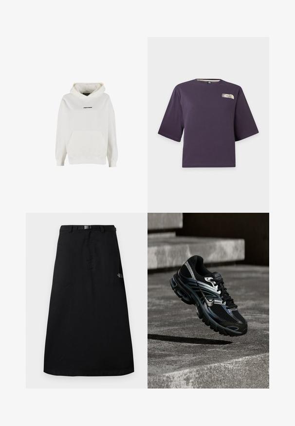 Hvid hættetrøje med frontlomme og lille sort "PEGADOR" logo centreret på brystet.; Lilla kortærmet croppet t-shirt med en lille beige The North Face-logo på øverste venstre bryst.; Sort midi-nederdel med justerbart taljebælte og The North Face-logo på højre side.; Sort og sølv Nike løbesko svævende over betontrappe, viser detaljeret design og tekstureret sål i udendørs omgivelser.