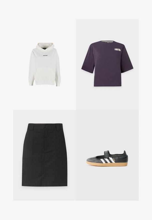 Witte hoodie met voorvak en klein zwart "PEGADOR" logo midden op de borst.; Paarse korte mouw crop top met een klein beige The North Face-logo op de bovenste linkerborst.; Zwarte knielange rok met ceintuurlussen, knoop- en ritssluiting aan de voorkant, en twee steekzakken aan de voorkant tegen een effen achtergrond.; Zwarte leren en suède sneaker met een klittenbandsluiting, voorzien van drie witte strepen en een gumzool, met de naam "SAMBA" aan de zijkant.