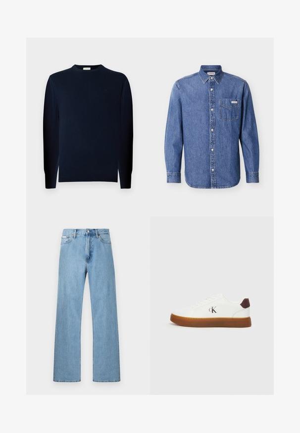 Jeune homme aux cheveux bouclés portant un pull à manches longues sombre et un pantalon foncé, debout devant un fond gris uni.; Chemise en denim bleu moyen avec manches longues, devant à boutons et une poche poitrine unique ornée d'un écusson logo. Col classique.; Jean en denim bleu clair coupe droite à cinq poches avec fermeture à boutons à la taille, présenté sur un fond uni.; Baskets blanches avec une semelle en gomme, des lacets plats et un accent en daim marron au talon. Présente un logo "cK" discret en relief sur le côté.