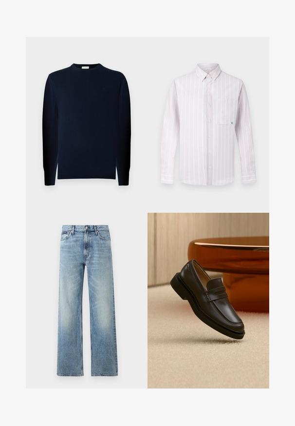 Jeune homme aux cheveux bouclés portant un pull à manches longues sombre et un pantalon foncé, debout devant un fond gris uni.; Chemise à manches longues, rose clair, boutonnée, avec des rayures verticales blanches et une poche poitrine ornée d'un petit logo vert. Tissu en coton, col classique.; Jean droit en denim bleu clair avec taille haute, cinq poches, fermeture à boutons et léger délavage sur les cuisses et les genoux.; Mocassin en cuir noir flottant au-dessus d'un tapis beige avec des meubles arrondis marron en arrière-plan.