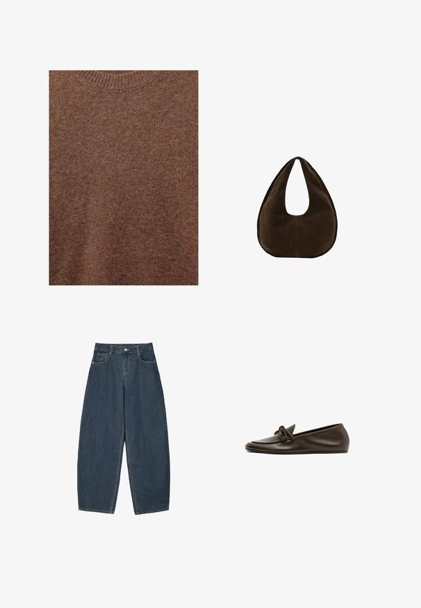 Brun strikket uldtrøje med ribstrikket rund halsudskæring og blødt tekstureret stof.; Mørkeblå denim buede bukser med høj talje, som har fem lommer og synlige stingdetaljer. Ren, minimalistik design.; Mørkebrune læder flade loafers med en rundet tå og dekorativ sløjfe på overdelen, vist fra siden på hvid baggrund.; Mørkebrun ruskind skuldertaske formet som en halvmåne med en bred rem og glat tekstur på en hvid baggrund.
