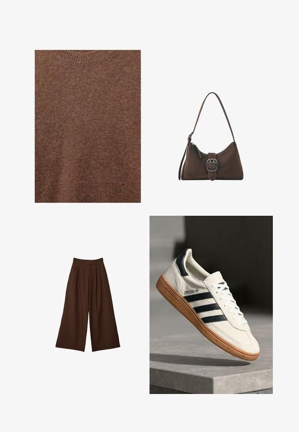 Pull marron en laine tricotée avec encolure ras du cou côtelée et tissu à texture douce.; Pantalon large marron avec des plis, poches latérales et taille haute avec passants de ceinture, présenté sur un fond blanc.; Baskets en daim blanc avec des bandes navy, semelle en caoutchouc gomme, tige texturée, bout rond et lacets ; arbore un logo sur le côté et sur la languette.; Petit sac bandoulière marron avec détail de boucle argentée et fermeture éclair, avec une seule bandoulière pour le porter.