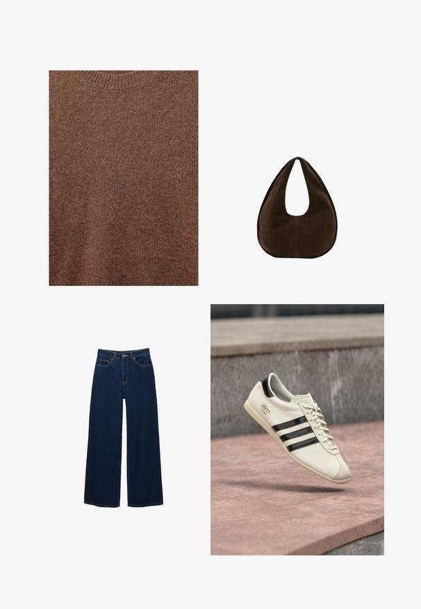Pull marron en laine tricotée avec encolure ras du cou côtelée et tissu à texture douce.; Jean large à jambes larges bleu foncé en denim ; doté de poches avant et d'une fermeture à bouton ; coutures apparentes le long des coutures ; sans motifs ni ornements.; Baskets blanches Adidas avec des rayures noires et une semelle beige, flottant au-dessus d'une surface en béton rosâtre et d'un fond en pierre grise.; Sac à main en daim marron foncé en forme de croissant avec une seule sangle large et une texture lisse sur fond blanc.