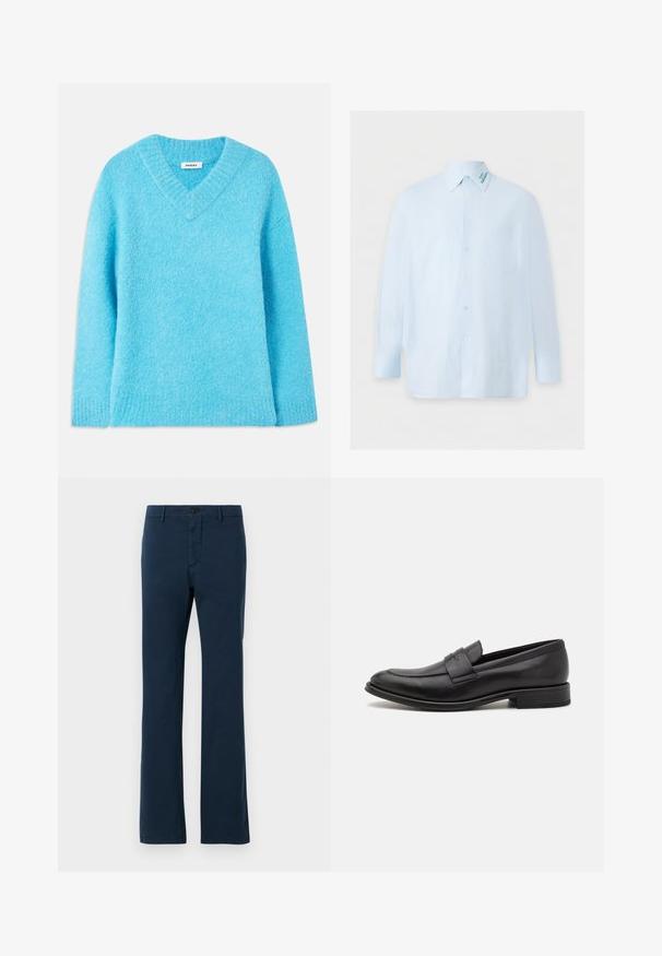 Pull en laine bleu clair, moelleux, avec un col en V, des manches longues et des poignets côtelés. Fabriqué en matériau doux, il offre une coupe décontractée. L'étiquette indique "SANDRO."; Chemise bleu clair à manches longues avec boutons, poche poitrine et texte bleu brodé sur le côté droit du col.; Pantalons en coton bleu marine avec une coupe droite, dotés d'une fermeture à bouton sur le devant et de passants de ceinture, texture lisse et coupe ajustée.; Mocassin en cuir noir avec une finition lisse, une sangle décorative sur le dessus, un bout rond et un petit talon empilé.