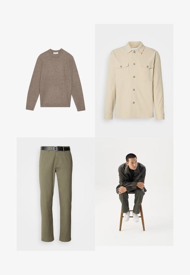 Light brown wool sweater featuring a crew neck, long sleeves, and ribbed cuffs and hem. The texture appears soft and slightly fuzzy.; Beige button-up shirt made from smooth fabric, features two chest pockets, a classic collar, and five front buttons. Long sleeves with buttoned cuffs.; Olive green straight-leg pants made of cotton, featuring a black leather belt, visible stitching, and side pockets.; Young man in dark leather jacket and jeans sits on wooden stool, leaning forward with arms crossed, looking to the side against white background.