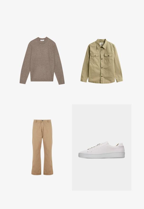 Pull en laine marron clair avec col rond, manches longues, et bords côtelés aux poignets et à l'ourlet. La texture semble douce et légèrement duveteuse.; Chemise kaki à manches longues avec col, boutons sur le devant et deux poches à rabat boutonnées sur le devant.; Pantalons en coton beige à coupe droite, dotés d'une fermeture à bouton, de poches avant et d'une texture lisse.; Baskets basses en cuir blanc avec lacets blancs, semelle en caoutchouc plate texturée et coutures minimalistes, vues de côté extérieur sur fond blanc.