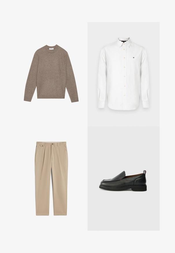 Light brown wool sweater featuring a crew neck, long sleeves, and ribbed cuffs and hem. The texture appears soft and slightly fuzzy.; White long-sleeve button-up shirt with button-down collar and small embroidered logo on left chest.; Beige straight-leg trousers with belt loops, front button and zipper closure, side pockets, and pleated detail near the waistband.; Black leather slip-on shoe with a rounded toe, textured upper, contrasting red stitching, and a low heel. Features a looped pull tab.