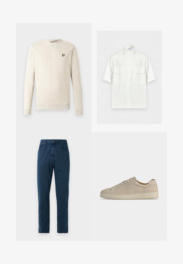 Lysebeige sweatshirt med lange ærmer, ribkant ved ærmer og hals. Har en lille sort og gul fuglelogo på venstre bryst. Blød tekstur.; Hvid kortærmet skjorte med knapper, krave og to forlommer med klap, vist på en enkel lys baggrund.; Marineblå straight-leg jeans med frontknapper, bælteløkker og synlig syning på lommer og sømme.; Beige ruskind lavtop sneaker med snørelukning og tyk gummisål, vist fra siden på en ensfarvet hvid baggrund.