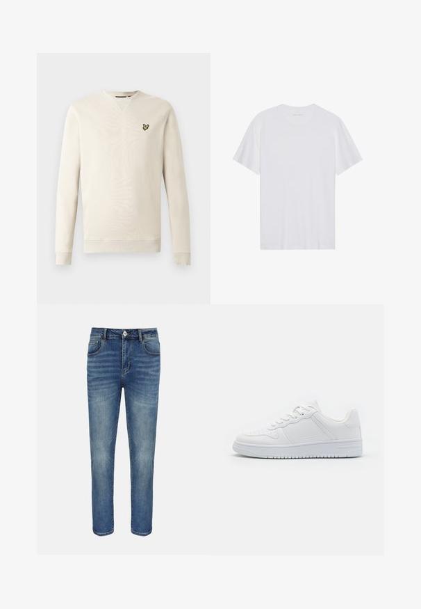 Lichtbeige sweatshirt met lange mouwen, geribbelde boorden aan de mouwen en hals. Voorzien van een klein zwart-gele vogel logo op de linkerborst. Zachte textuur.; Witte katoenen T-shirt met korte mouwen, een ronde hals en een gladde textuur. Heeft minimale branding op de halslijn.; Blauwe straight-leg spijkerbroek met knoop- en ritssluiting aan de voorkant, riemlussen en voor- en achterzakken.; Witte sneakers van glad synthetisch materiaal, met platte veters, geperforeerde neus en een rubberen zool met een gestructureerd grippatroon.