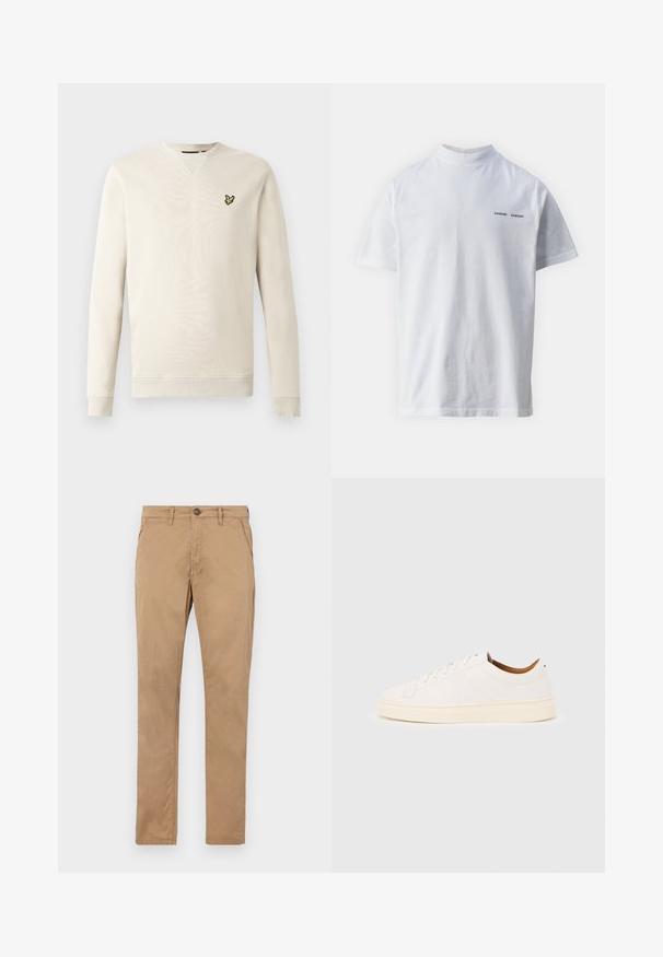 Lysebeige sweatshirt med lange ærmer, ribkant ved ærmer og hals. Har en lille sort og gul fuglelogo på venstre bryst. Blød tekstur.; Hvid bomulds t-shirt med høj halsudskæring og korte ærmer. Har "SAMSØE SAMSØE" logo i sort på forsiden. Glat tekstur.; Tan, lige ben chinos lavet af bomuld. Har en frontknap, lynlås og sidelommer med en glat struktur og uden synlige mønstre.; Hvid lavtop-sneakers med snørelukning, minimale syningsdetaljer og en cremefarvet sål på en lysegrå baggrund.