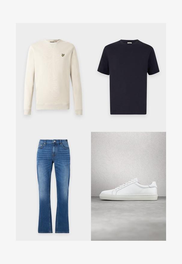 Sweat-shirt beige clair à manches longues, avec poignets et col côtelés. Présente un petit logo oiseau noir et jaune sur le côté gauche de la poitrine. Texture douce.; T-shirt en coton bleu marine avec un col rond, des manches courtes et une coupe décontractée ; texture lisse ; sans motifs ni quincaillerie visibles.; Jeans en denim évasés de couleur bleu moyen. Comprend un design à cinq poches, des accents brodés, une fermeture à bouton et une texture légèrement décolorée sur les jambes.; Sneaker blanche avec une tige en cuir lisse et un profil bas. Présente un bout arrondi, six œillets et une semelle en caoutchouc texturé.