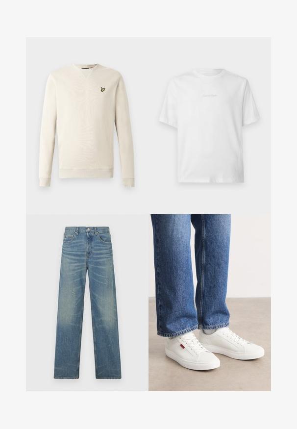 Lysebeige sweatshirt med lange ærmer, ribkant ved ærmer og hals. Har en lille sort og gul fuglelogo på venstre bryst. Blød tekstur.; Hvid T-shirt med korte ærmer og rund hals, med diskret præget Calvin Klein-logo centreret på brystet.; Blå lige ben jeans med falmet vask, lette malingspletter, frontknap og fem-lommes design på en hvid baggrund.; Hvide sneakers med en glat overflade, rund tå og flad sål. Accompaneret af blå denim jeans med en lige pasform og synlige sømme.