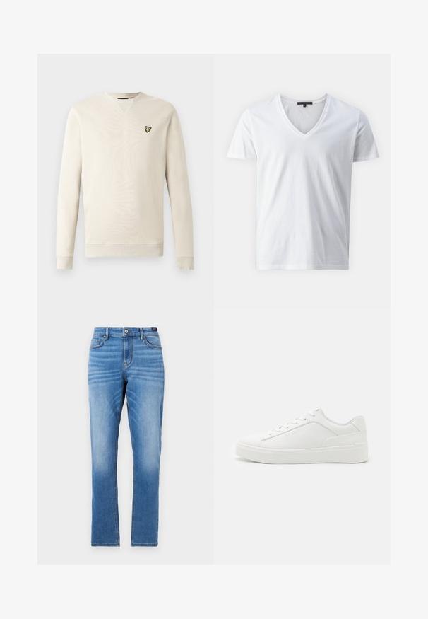 Lichtbeige sweatshirt met lange mouwen, geribbelde boorden aan de mouwen en hals. Voorzien van een klein zwart-gele vogel logo op de linkerborst. Zachte textuur.; Witte katoenen T-shirt met een V-halsontwerp, korte mouwen en een soepele textuur. Eenvoudige, onversierde stijl.; Lichtblauwe denim jeans met een rechte pasvorm, vijf zakken, sluiting met een knoop aan de voorkant en subtiele vervaging op de dijen.; Witte lage sneakers van glad leer, met een ronde neus, platte zolen en subtiele branding aan de zijkant.