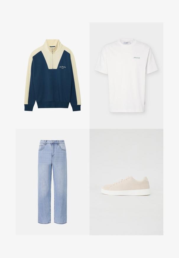 Pull-over en marine et crème avec un col zippé mi-hauteur, doté d'un design en V et d'un texte logo sur la poitrine. Matière douce en mélange de coton.; T-shirt blanc à manches courtes avec col rond, avec un petit texte vert "JUICE IT UP Marc O'Polo Denim" sur la partie gauche de la poitrine.; Jean en denim bleu clair avec une coupe décontractée et des jambes larges. Les caractéristiques incluent cinq poches, une fermeture à bouton à l'avant et une décoloration subtile.; Baskets en daim beige avec semelles en caoutchouc blanc, bout rond et six œillets pour les lacets. Texture lisse avec un design minimaliste.