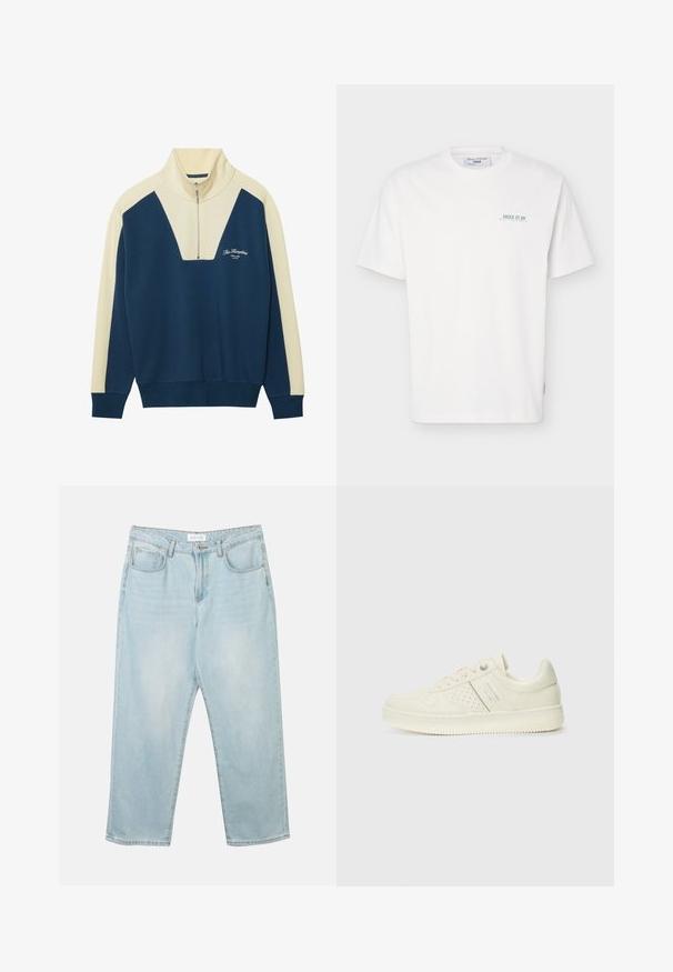 Pull-over en marine et crème avec un col zippé mi-hauteur, doté d'un design en V et d'un texte logo sur la poitrine. Matière douce en mélange de coton.; T-shirt blanc à manches courtes avec col rond, avec un petit texte vert "JUICE IT UP Marc O'Polo Denim" sur la partie gauche de la poitrine.; Jean en denim bleu clair avec une coupe décontractée, cinq poches, une fermeture à bouton et un léger délavage. La texture est douce et légèrement usée.; Sneaker couleur crème avec des détails perforés, des lacets et un logo sur le côté, présenté sur un fond blanc uni.