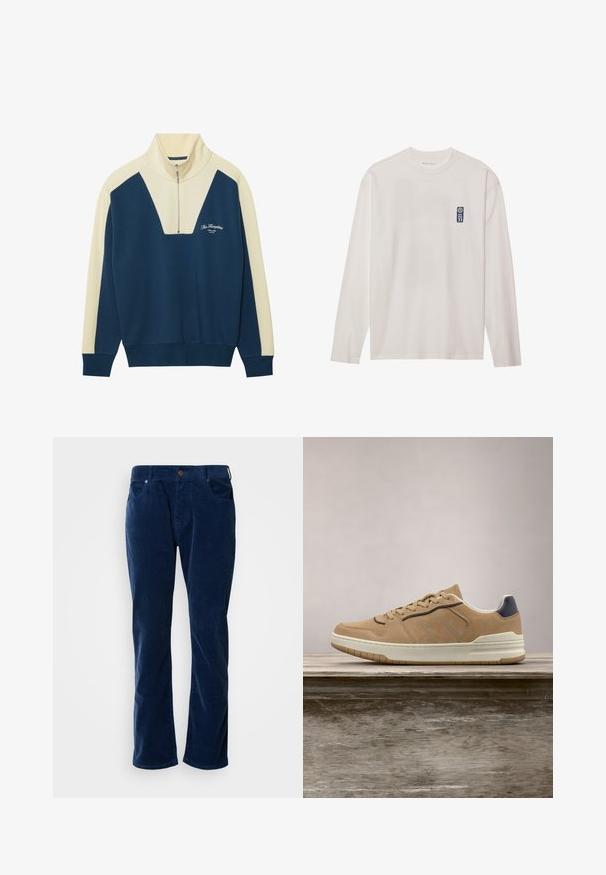 Pull-over en marine et crème avec un col zippé mi-hauteur, doté d'un design en V et d'un texte logo sur la poitrine. Matière douce en mélange de coton.; T-shirt blanc à manches longues en coton, arborant une petite étiquette logo bleue sur le haut du côté gauche de la poitrine et un col rond.; Scotch & Soda THE ZEE STRAIGHT - Pantalon classique - insignia blue; Baskets en suède beige avec semelle en caoutchouc blanc, dotées de lacets beiges, d'accents bleu marine et de détails perforés sur la boîte à orteils.