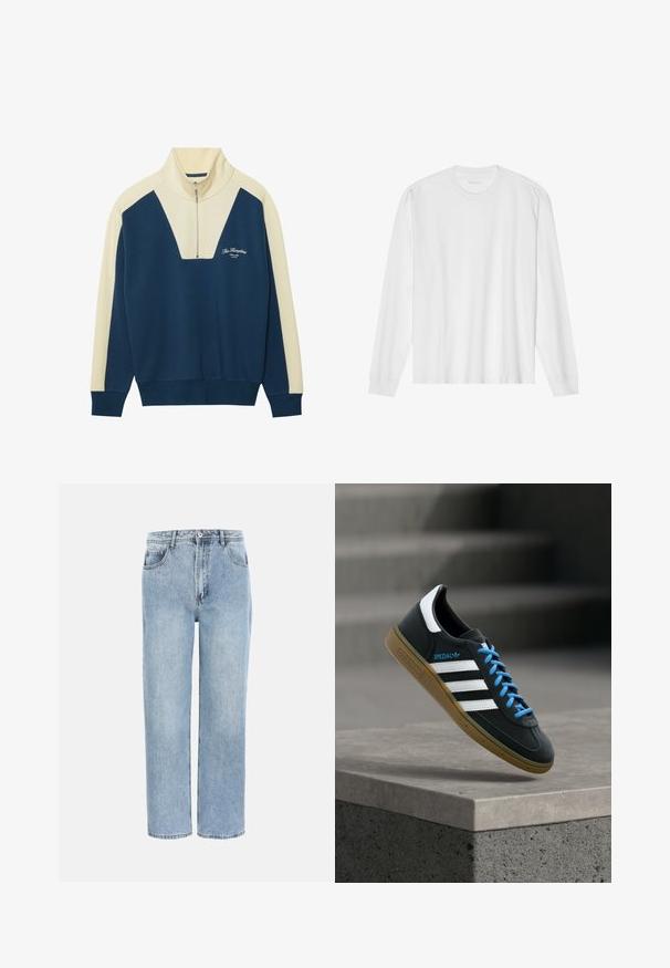 Marineblauwe en crèmekleurige pullover trui met een halflange ritssluiting en een V-vormig ontwerp, voorzien van logo-tekst op de borst. Zachte katoenmix.; Wit, lang katoen T-shirt met lange mouwen en ronde hals, met geribde manchetten en een rechte zoom, een gladde textuur en een minimalistisch ontwerp.; Lichtblauwe recht gesneden spijkerbroek met voorzakken, ceintuurlussen en knoopsluiting op een witte achtergrond.; Zwarte Adidas-sneaker met witte strepen, blauwe veters en een gumzool die boven een grijze betonnen trede zweeft in zacht licht.