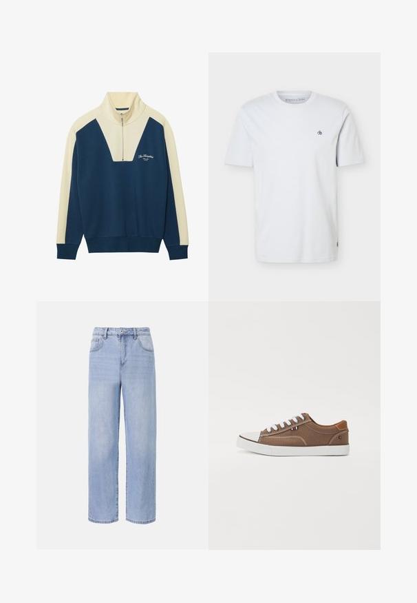 Marineblauwe en crèmekleurige pullover trui met een halflange ritssluiting en een V-vormig ontwerp, voorzien van logo-tekst op de borst. Zachte katoenmix.; Witte korte mouwen T-shirt met ronde hals en een klein zwart "S&" logo op de linkerborst en een subtiel merkembleem linksonder.; Lichtblauwe denim jeans met een ontspannen, wijde pasvorm. Kenmerken zijn onder andere vijf zakken, een sluiting met een knoop aan de voorkant en subtiele vervaging.; Bruine canvas sneakers met witte veters, rubberen neuskap en contrasterende tan accenten op de hiel, met een klein driekleurig embleem.