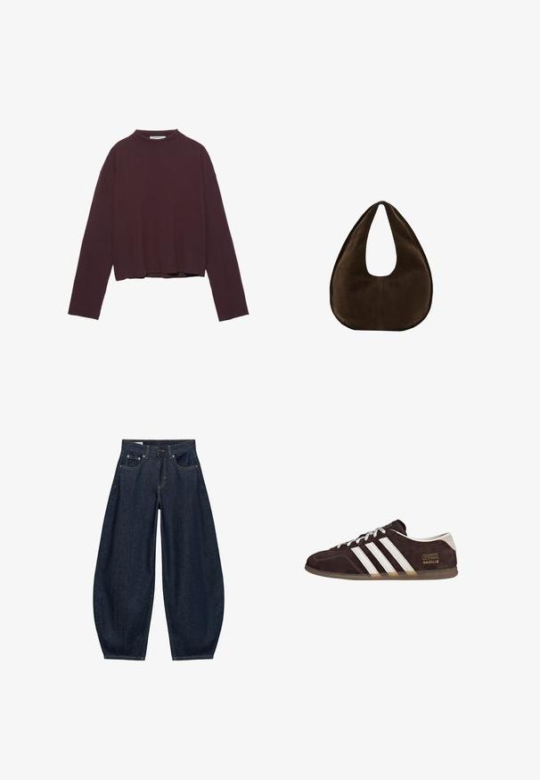 Haut manches longues côtelé couleur bordeaux foncé avec un col montant et un ourlet court. Présente des épaules décontractées et un tissu texturé.; Jean en denim bleu foncé à jambes larges avec poches avant, passants de ceinture et fermeture par bouton à la taille.; Baskets en suède marron avec trois bandes blanches, semelle en caoutchouc, et étiquette avec le texte "Gazelle" en or. Fermeture à lacets avec lacets gris.; Sac à main en daim marron foncé en forme de croissant avec une seule sangle large et une texture lisse sur fond blanc.