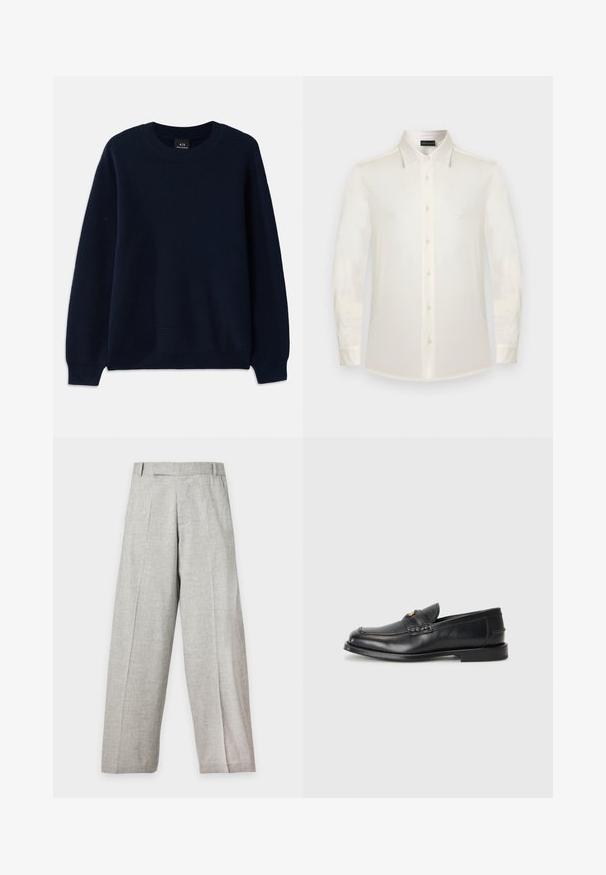 Pull en maille côtelée bleu marine avec un col rond et des manches longues. Présente un motif texturé sur tout le tissu.; Chemise blanche à manches longues avec boutons, col classique et petit logo sur la poitrine gauche.; Pantalon large gris clair avec plis sur le devant, passants pour ceinture et coupe droite, présenté sur un fond blanc uni.; Des mocassins en cuir noir présentent un bout arrondi, des détails cousus et un petit accent doré à l'avant. La semelle est plate et discrète.