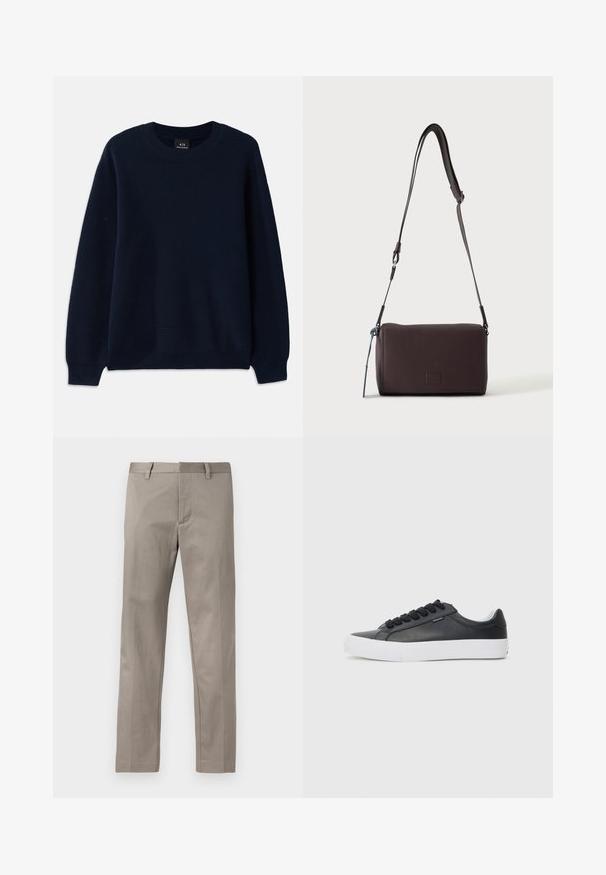 Suéter de canalé azul marino con cuello redondo y mangas largas. Presenta un patrón texturizado en toda la tela.; Pantalones gris claro de corte recto, confeccionados con tela lisa, con frente plano y cinturilla estándar con trabillas para cinturón.; Zapatilla de cuero negra con suela de goma blanca, punta redonda y cordones negros, con una textura suave y un diseño minimalista.; Bolso bandolera de cuero marrón oscuro con textura, correa ajustable y pequeño adorno decorativo azul en el lateral.