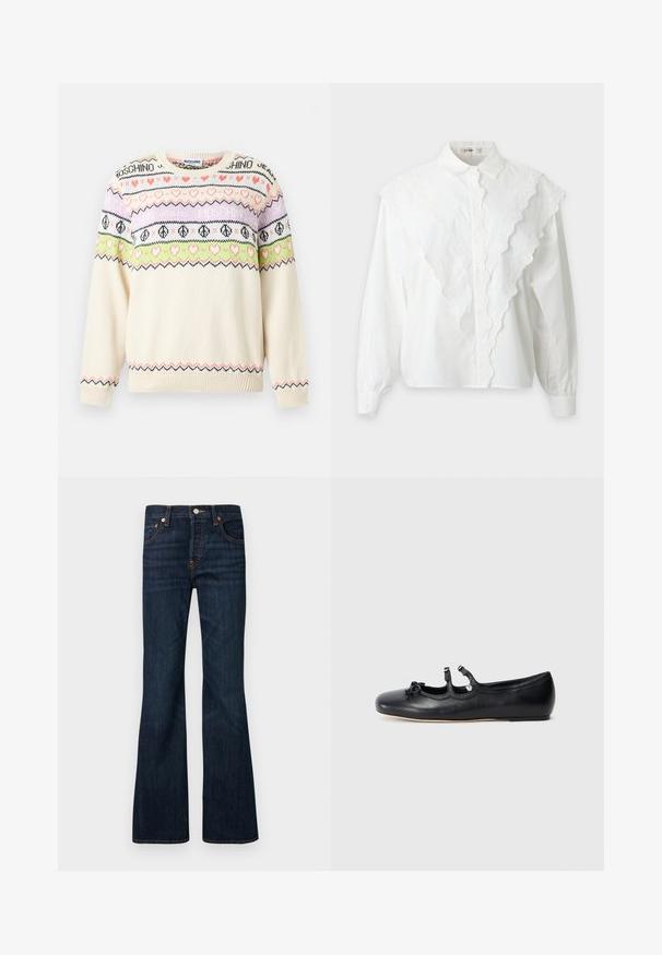 Pull en maille crème avec des rayures à motifs roses, verts et violets comprenant des cœurs, des signes de paix et le texte "Moschino" sur la poitrine et les manches.; Blouse blanche à manches longues avec col pointu et détails en dentelle en forme de V sur le devant et les manches, présentée sur un fond uni.; Jean en denim bleu foncé avec une légère patte d'éléphant, fermeture avant par bouton et zip, cinq poches et coutures visibles orange.; Ballerines en cuir noir avec une conception ouverte, dotées de deux bandes décoratives et d'un détail en nœud sur le bout, semelle plate. Texture lisse.