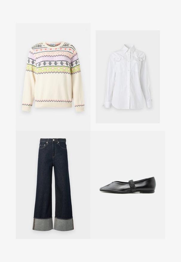 Pull en maille crème avec des rayures à motifs roses, verts et violets comprenant des cœurs, des signes de paix et le texte "Moschino" sur la poitrine et les manches.; Chemise blanche à manches longues, boutonnée, avec un col et deux poches poitrine, chacune ornée d'un noeud décoratif près du haut.; Jean denim bleu foncé à jambes larges avec revers roulés montrant un tissu intérieur plus clair et une fermeture par bouton argenté.; Chaussure plate en cuir noir avec une bride froncée sur le dessus et un bout légèrement pointu, présentée sur un fond uni.