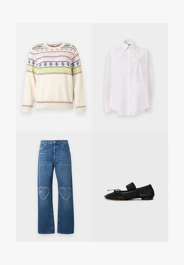 Pull en maille crème avec des rayures à motifs roses, verts et violets comprenant des cœurs, des signes de paix et le texte "Moschino" sur la poitrine et les manches.; Chemise blanche à manches longues en tissu léger, dotée d'un col classique, d'une fermeture à boutons et d'une poche en forme de cœur sur le côté gauche.; Jean en denim bleu à jambes larges, taille haute, avec des patchs en forme de cœur effilochés sur les deux genoux, bouton et poches à l'avant.; Chaussure plate noire avec un bout pointu, fabriquée en tissu texturé, avec un accent à nœud et un petit talon rond. Sangle élastique au niveau de la cheville.