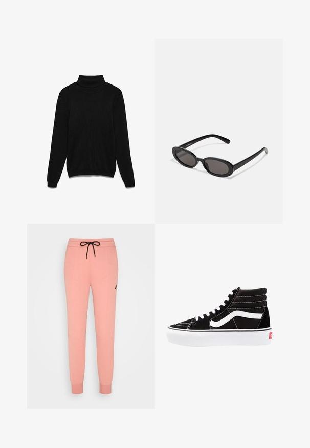 Pull à col roulé noir en tissu tricoté. Comprend des manches longues, un col côtelé et une coupe décontractée. Aucune texture ou accent visible.; Pantalon de jogging rose cintré avec cordon noir, poches latérales, chevilles côtelées et petit logo Nike noir sur la partie supérieure de la cuisse.; Baskets montantes noires avec des lacets blancs, un logo blanc et des coutures blanches contrastées. Dotées d'une épaisse semelle blanche et d'un dessus en daim texturé.; Even&Odd Lunettes de soleil - black
