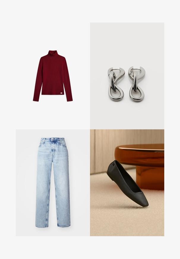 Langærmet mørkerød ribstrikket rulnecktrøje med et lille hvidt logomærke i bunden på en hvid baggrund.; Lyseblå højtaljede jeans med løs pasform, der har lige ben, fem lommer og en klassisk knap- og lynlåslukning.; Sort spids flad sko, der hviler på en beige tæppe nær et rundt ravfarvet bord i en minimalistisk rumindretning.; Par af sølvtonede metale øreringe med abstrakt sammenflettet løbedesign på hvid baggrund.