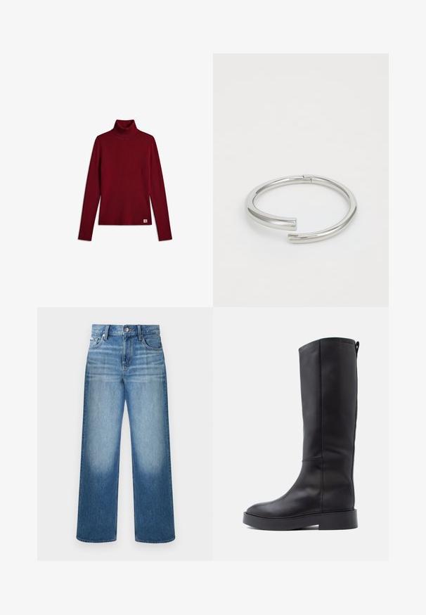 Langærmet mørkerød ribstrikket rulnecktrøje med et lille hvidt logomærke i bunden på en hvid baggrund.; Blå straight-leg denimjeans med knap- og lynlåslukning, fem-lomme-design og falmet vask på lår og knæ.; Knæhøje sorte læderstøvler med slankt design, flad sål, minimal syning og en diskret lynlås i siden.; Calvin Klein SPIRAL - Armbånd - silver-coloured