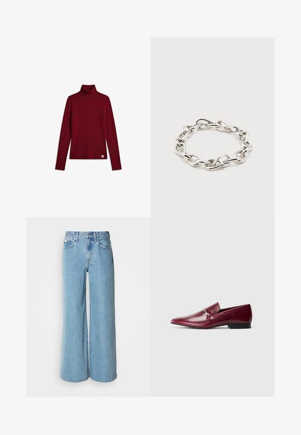 Pull à col roulé côtelé bordeaux à manches longues avec une petite étiquette blanche avec logo en bas de l’ourlet sur fond blanc.; Jean large bleu clair en denim, avec une taille haute, un design à cinq poches et un léger dégradé sur le tissu.; Mocassins en cuir bordeaux avec bout pointu et talon plat noir, ornés d'une chaîne en métal argenté sur le devant. Texture lisse.; Bracelet à maillons épais argentés avec des maillons ovales irréguliers disposés en cercle sur un fond blanc uni.