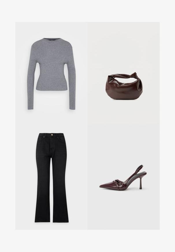 Pull à manches longues gris côtelé avec un col rond et une silhouette ajustée, présenté sur un fond blanc uni.; Jean noir taille haute à coupe droite, fermeture devant par boutons et design cinq poches sur un fond clair uni.; Escarpin slingback en cuir verni bordeaux avec bout pointu, fine bride à la cheville et petit détail décoratif de boucle. Texture lisse et talon haut.; Sac bandoulière en cuir marron foncé avec une forme souple et décontractée et une anse nouée torsadée sur un fond blanc uni.