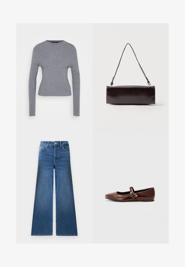 Grå ribbet langærmet sweater med rund hals og tætsiddende silhuet, præsenteret på en ensfarvet hvid baggrund.; Blå vidde-bukser i denim med lommer foran og bagpå, bæltestropper og knaplukning.; Brun patentlæder balletflade med firkantet tå og strop med en lille guldbuckle. Glat tekstur, lav hæl og minimalistisk design.; Rektangulær sort læderhåndtaske med en enkelt lang rem og blank finish, vist mod en ensfarvet hvid baggrund.