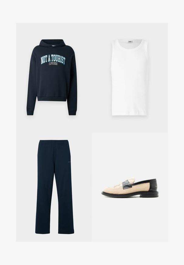 Marineblå cropped sweatshirt med hætte. Har et tekstgrafik "IKKE EN TURIST JEG BOR HER" i lyseblå og hvid. Ribbet manchetter.; Hvid bomulds tanktop uden ærmer med rund halsudskæring og en glat tekstur. Enkel design, ingen mønstre eller accenter.; Marineblå joggingbukser lavet af blødt stof, med elastisk talje og afslappet pasform. Ingen synlige mønstre eller metaldele.; Beige vævet loafer med sort skindkant, rundet tå, sort sål og dekorativt syet mønster på oversiden.