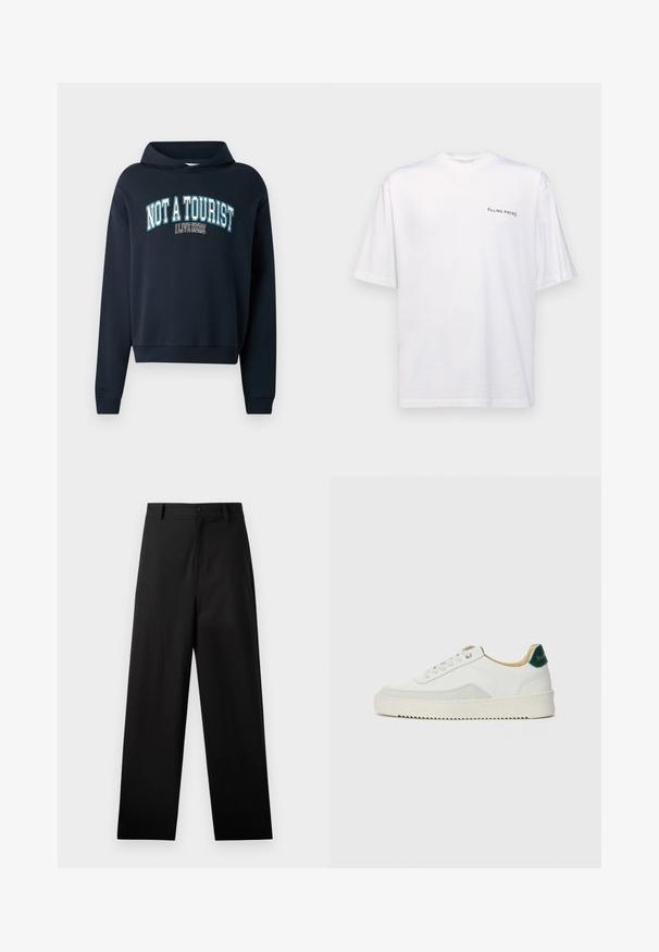 Marineblå cropped sweatshirt med hætte. Har et tekstgrafik "IKKE EN TURIST JEG BOR HER" i lyseblå og hvid. Ribbet manchetter.; Hvid kortærmet t-shirt i bomuld med v-hals, med et sort "FILLING PIECES" logo trykt på venstre side.; Sorte bukser lavet af bomuld med lige ben-design, der har en frontknaplukning og sidelommer. Glat tekstur, ingen mønstre.; Hvide sneakers med ruskindsdetaljer, rund tå, flade snørebånd og en cremet gummisål. Har grøn branding på hælen.