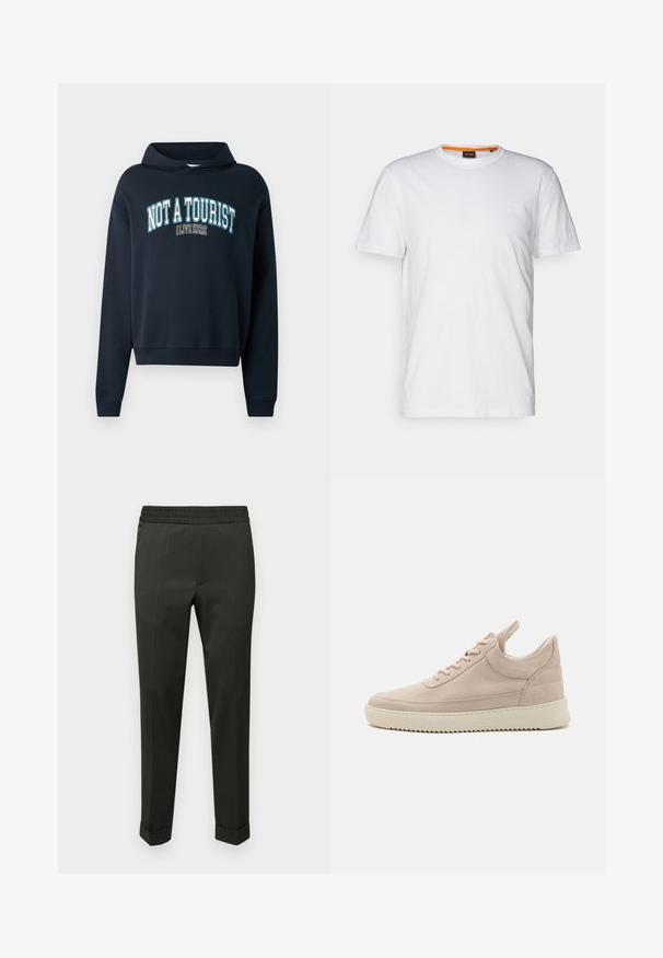 Sweatshirt court bleu marine avec capuche. Présente un graphisme textuel "PAS UN TOURISTE J'HABITE ICI" en bleu clair et blanc. Poignets côtelés.; T-shirt en coton blanc avec un col rond, des manches courtes et un logo en relief subtil sur la poitrine. L'étiquette intérieure a une touche d'orange.; Filippa K TERRY CROPPED TROUSER - Pantalon classique - green melange; Baskets en suède beige avec un bout arrondi, semelle blanche et lacets plats. Comprend une languette au talon et des panneaux latéraux texturés.