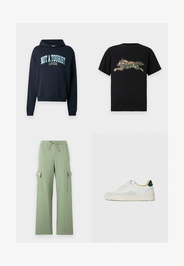Marineblå cropped sweatshirt med hætte. Har et tekstgrafik "IKKE EN TURIST JEG BOR HER" i lyseblå og hvid. Ribbet manchetter.; Icecream CAMO RUNNING DOG WOODLAND - T-shirts print - black; Lys grøn cargo bukser lavet af bomuldsblanding; har elastisk talje, snørelukning, bred ben og to sidelommer med klaplukninger.; Hvide sneakers med ruskindsdetaljer, rund tå, flade snørebånd og en cremet gummisål. Har grøn branding på hælen.