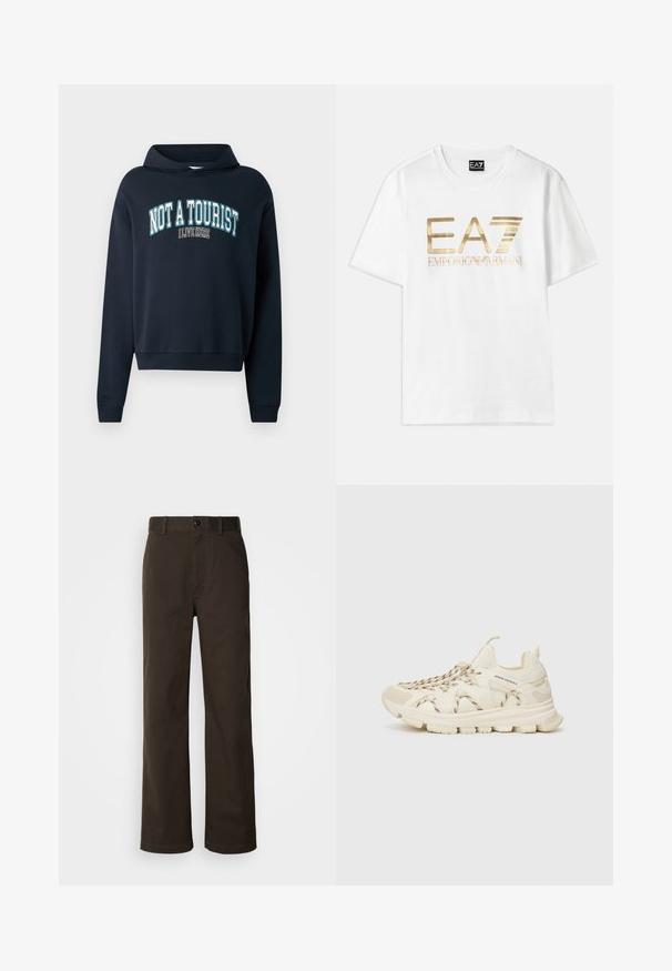 Sweatshirt court bleu marine avec capuche. Présente un graphisme textuel "PAS UN TOURISTE J'HABITE ICI" en bleu clair et blanc. Poignets côtelés.; T-shirt en coton blanc avec un grand logo métallique doré "EA7" et le texte "EMPORIO ARMANI" en dessous, à manches courtes et col rond.; Pantalons en coton marron avec une coupe droite, dotés d'une fermeture à bouton, de passants de ceinture et de détails de couture minimalistes.; Des chaussures de sport beiges avec des semelles en caoutchouc, des panneaux en maille texturée et des lacets tissés colorés. Elles présentent un col rembourré et un logo.