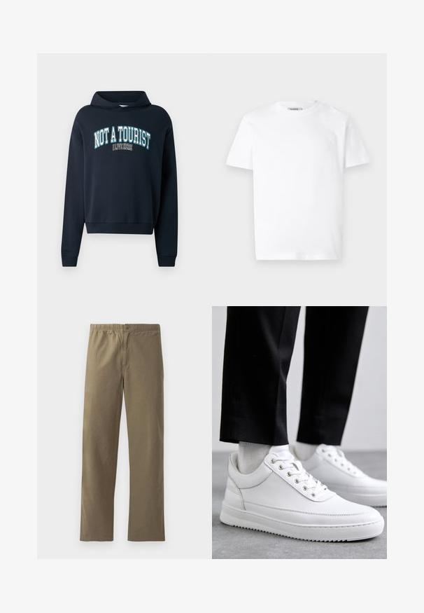 Marineblå cropped sweatshirt med hætte. Har et tekstgrafik "IKKE EN TURIST JEG BOR HER" i lyseblå og hvid. Ribbet manchetter.; Hvid bomulds T-shirt med rund hals og korte ærmer. Har et lille, præget logo på venstre bryst. Glat tekstur.; Khaki bukser lavet af letvægtsmateriale. Har en elastisk talje, knaplukning, lige ben og en glat overflade.; Hvide lædersneakers med en flad gummisål, der har en glat overflade, rund tå og metaløjer til snørebånd. Bæret med sorte bukser.