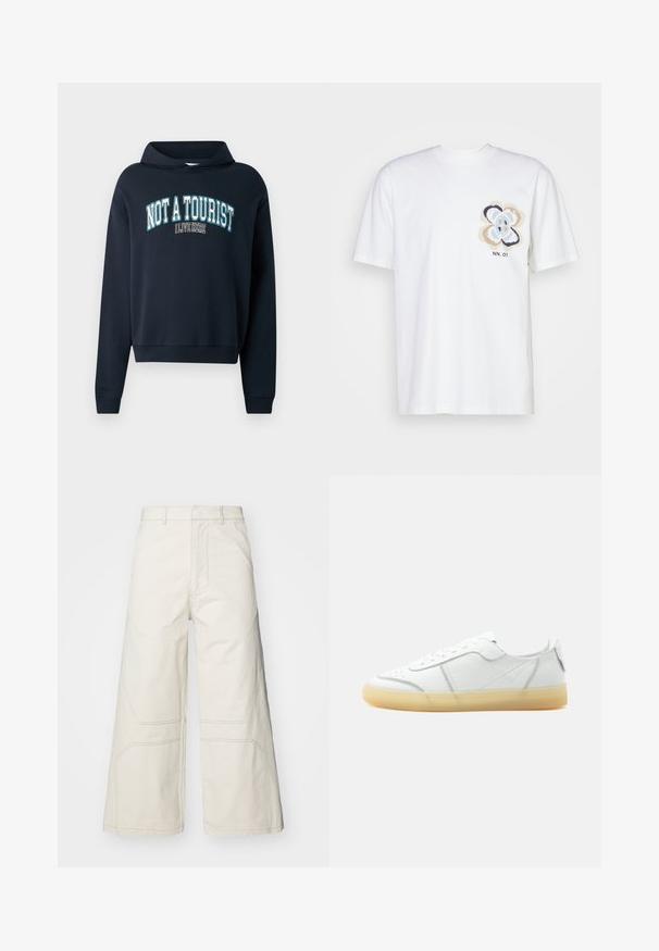 Marineblå cropped sweatshirt med hætte. Har et tekstgrafik "IKKE EN TURIST JEG BOR HER" i lyseblå og hvid. Ribbet manchetter.; Hvid bomulds t-shirt med et farverigt blomstermotiv på venstre side og teksten "NN. 07" i sort. Korte ærmer og rund halsudskæring.; A-COLD-WALL* FORMAT PANT - Bukser - beige bone; Hvid lavtop læder sneaker med beige gennemsigtig sål, snørelukning foran og minimal syning, vist fra siden mod en ensfarvet baggrund.